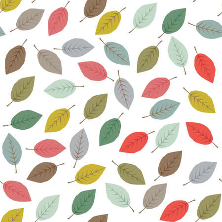 Seamless pattern of multicolored leaves on white background. Vector illustration in vintage style, retro color palette, cartoon wallpaperのイラスト素材