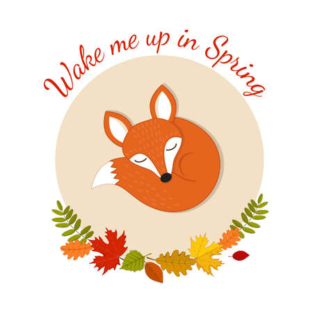 Poster or card with cute sleeping red fox pup, autumn leaves and funny text. Kids background. Vector illustration in cartoon styleのイラスト素材