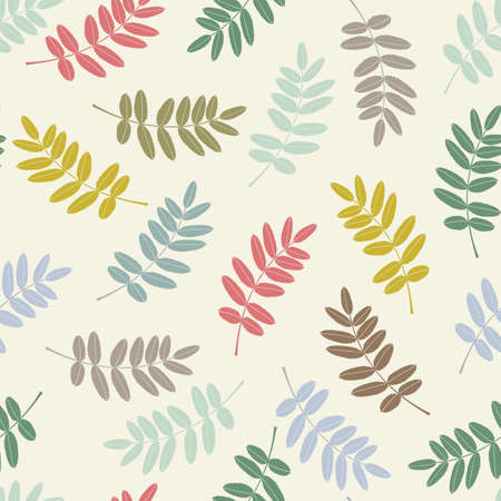 Seamless pattern with red, yellow, brown, green and blue rowan branches. Autumn, spring or summer leaves background. Nature background. Vector illustration in vintage, retro styleのイラスト素材
