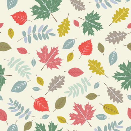 Seamless pattern with red, yellow, green, blue and brown leaves of oak, maple, rowan, birch tree. Nature wallpaper. Vector illustration in vintage, retro styleのイラスト素材