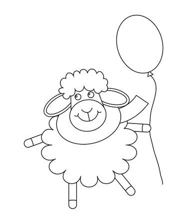 Cute smiling toy sheep with balloon. Outlined animal. Coloring page for children or greeting card. Vector illustration in cartoon styleのイラスト素材