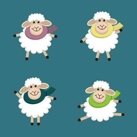 Four cute dancing and smiling sheep with colorful scarves in different poses.  illustration in cartoon styleのイラスト素材