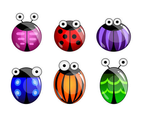 Cute cartoon colorful bugs, insects set. Isolated on white background. Game assets, GUI icons, emoticons. illustration in cartoon styleのイラスト素材