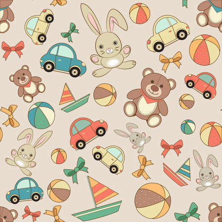 toy pattern with cars, teddy bears, bunnies, sailboats and balls. Baby background. illustration in cartoon, retro styleのイラスト素材