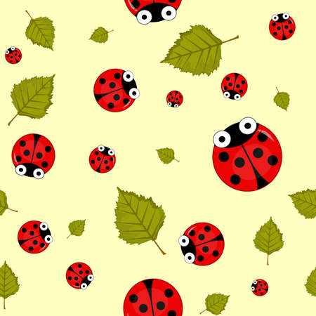 pattern with red ladybugs and green leaves. Kids background. Textile or wrapping paper design. illustration in cartoon styleのイラスト素材