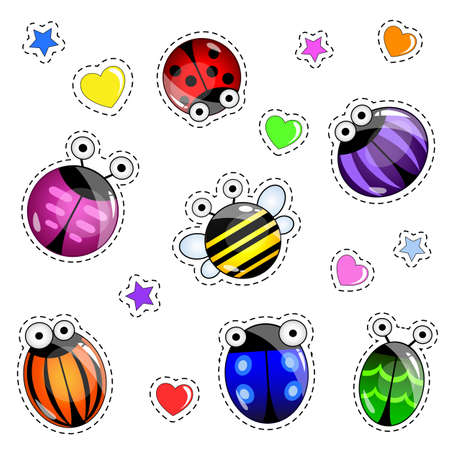 Patch badges with multicolored funny bugs set. Stickers, pins isolated on white background. illustration in cartoon styleのイラスト素材