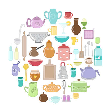 Kitchen objects and equipment set in cartoon style. Breakfast, dinner, supper menu. Restaurant icons. Home utensils. Vector illustrationのイラスト素材