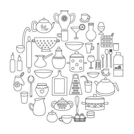 Kitchen doodles utensils, kitchenware, table ware set. Cooking equipment, icons. Circle coloring page. Vector illustration in cartoon styleのイラスト素材