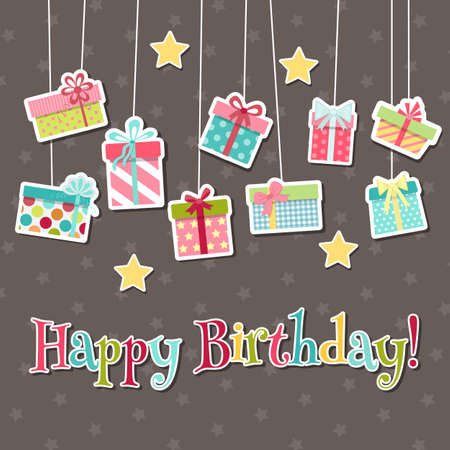 Birthday greeting card, invitation with hanging multicolored gift boxes and stars, stickers. Celebration background. Holiday design. Vector illustration in cartoon styleのイラスト素材