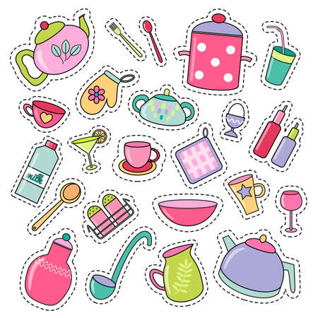 Cute multicolored, pink, green, purple patch badges set with kitchen utensils. Cartoon stickers, pins of home kitchenware. Vector illustration in cartoon style on white backgroundのイラスト素材