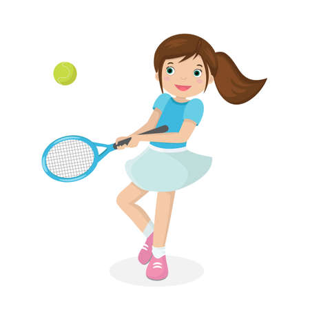 Young brown haired pretty girl in skirt playing tennis with a racket and a ball on a white background. Vector illustration in cartoon styleのイラスト素材