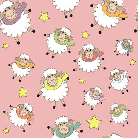 Seamless pattern with cute sheep with scarves and stars on pink background. Children, kids background, wallpaper. Vector illustration in cartoon styleのイラスト素材