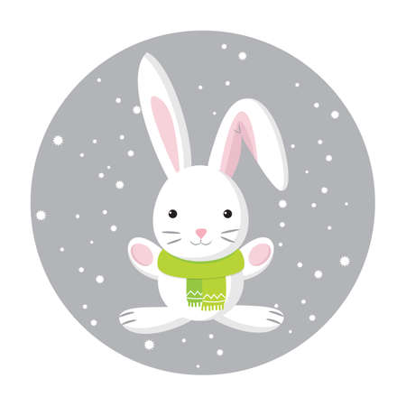 Cute white hare in green scarf. Merry Christmas or Happy New Year greeting card. Winter vector illustration in cartoon styleのイラスト素材