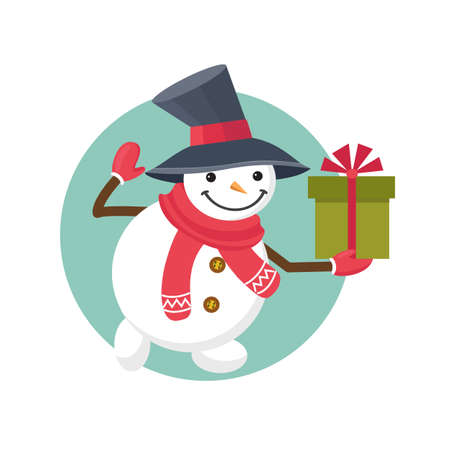 Cute cartoon snowman in big hat and red scarf with Christmas or New Year present. Greeting card, icon, poster. Flat vector illustrationのイラスト素材