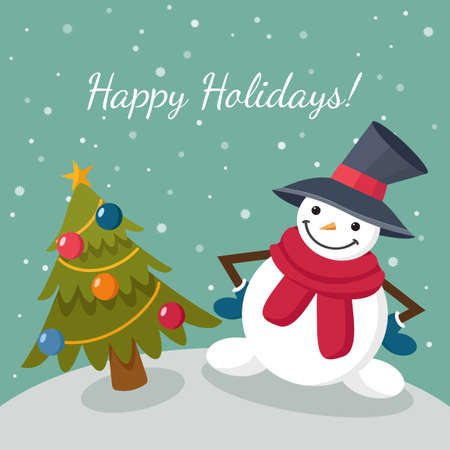 Merry Christmas or Happy New Year greeting card with cartoon snowman in scarf and hat and decorated Christmas tree. Vector illustrationのイラスト素材