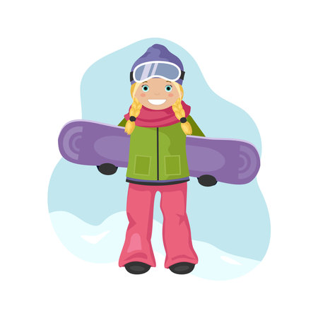 Cute blonde smiling girl in hat and sunglasses holding snowboard. Young snowboarder, skier. Winter fashion. Ski resort. Vector illustration in cartoon styleのイラスト素材