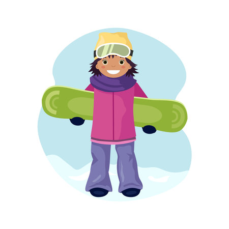 Cute brunette smiling girl in hat and sunglasses holding snowboard. Young snowboarder, skier. Winter fashion. Ski resort. Vector illustration in cartoon styleのイラスト素材