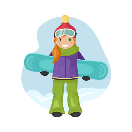 Cute red haired smiling girl in hat and sunglasses holding snowboard. Young snowboarder, skier. Winter fashion. Ski resort. Vector illustration in cartoon styleのイラスト素材