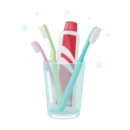 Toothbrushes and toothpaste for family in glass on white background. Tooth care, dental concept, oral hygiene. Vector illustration in cartoon styleのイラスト素材