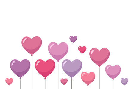 Purple and pink heart balloons. Holiday background, greeting card. Happy Valentine's Day. Vector illustration in cartoon styleのイラスト素材