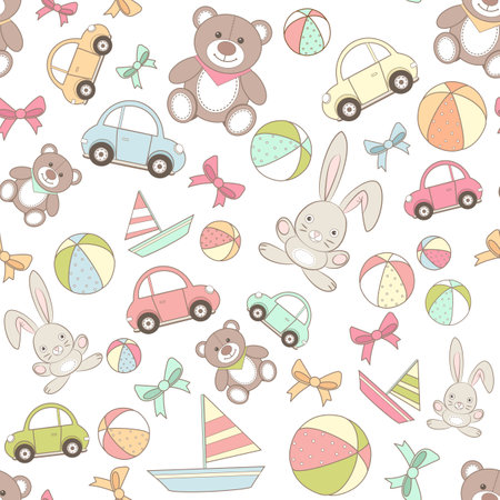 Toys seamless pattern with car, teddy bear, bunny, sailboat and ball. Toy background, wallpaper. Vector illustration in cartoon styleのイラスト素材