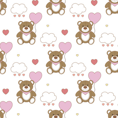 Cute teddy bear toy with heart balloon seamless pattern texture background for kids birthday or Saint Valentine's day. Vector illustration in cartoon styleのイラスト素材