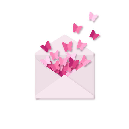 Creative Valentine's Day card. Love letter with pink butterflies flying out of an envelope. Holiday invitation poster, card. Paper cut out art digital craft style. Vector illustrationのイラスト素材