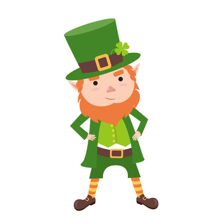 Cartoon Leprechaun in green frock coat and top hat with four-leaf clover. Saint PatrickÂ´s Day card. Vector illustration. Traditional Irish holiday character. Isolated on white backgroundのイラスト素材