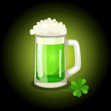 St. Patrick's Day inviting card, poster, flyer. Vector illustration with traditional Irish holiday symbols: mug of green beer and cloverのイラスト素材