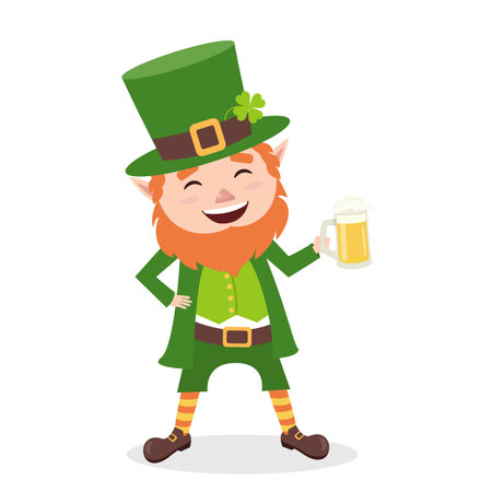 Cartoon Leprechaun in green frock coat and top hat with mug of light beer. Saint PatrickÂ´s Day card. Vector illustration. Traditional Irish holiday character. Isolated on white backgroundのイラスト素材