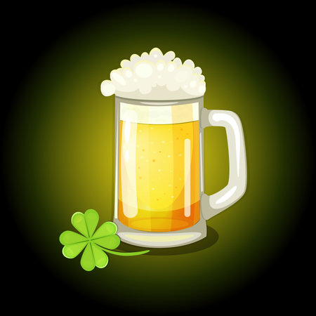 Vector illustration with mug of light beer and clover leaf. St. Patrick's Day inviting card, poster, flyerのイラスト素材