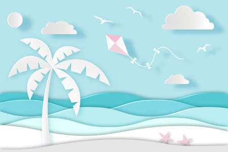 Sea landscape with beach, palm tree, pink kite, waves, clouds and birds. Paper cut out digital craft style. Carving art. Vector illustration in cartoon styleのイラスト素材