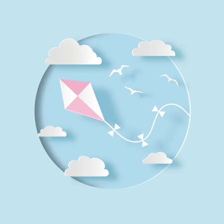 Pink kite with white clouds and birds in the sky. Paper cut out style. Carving art. Vector illustrationのイラスト素材