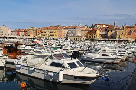 ROVINJ, CROATIA - October 07, 2019: Harbour and marina in coastal town of Rovinj, Istria, Croatia. Seascape. Rovinj - beautiful antique city, yachts and Adriatic Sea. Popular travel destinations.のeditorial素材