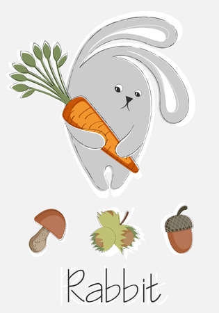 Poster with forest hare with carrot in paws on gray background.のイラスト素材