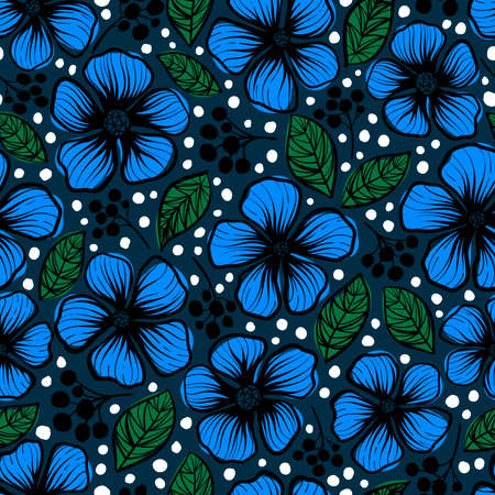 Blue flowers with green leaves.のイラスト素材