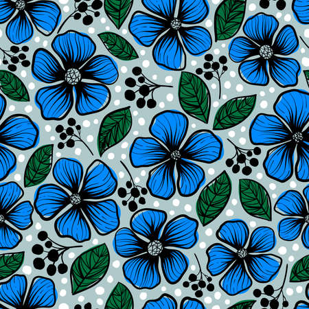 Blue flowers with green leaves.のイラスト素材