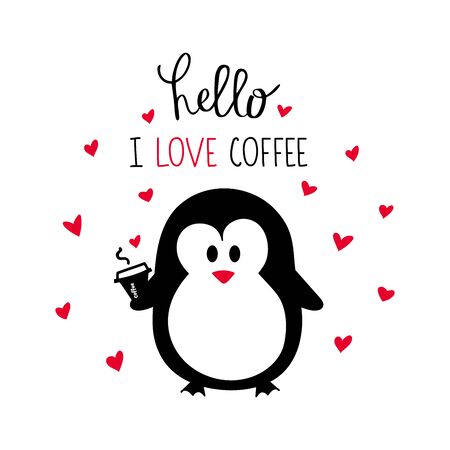 Cute Penguin illustration and hand lettering I love Coffeeのイラスト素材