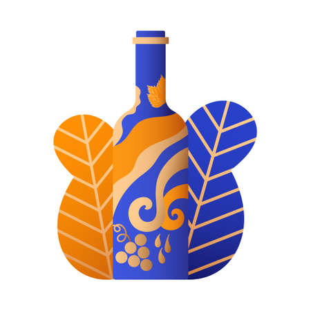 illustration with art blue orange and gold bottle and leaves for your wine isolated on white background. Brand design, festival, event.のイラスト素材