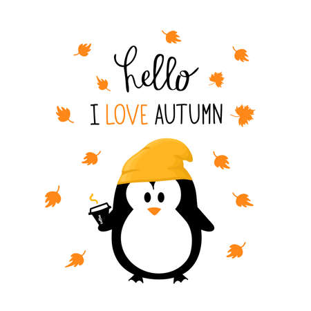 autumn illustration with cute Penguin print or card. Hand lettering. Isolated on white background.のイラスト素材