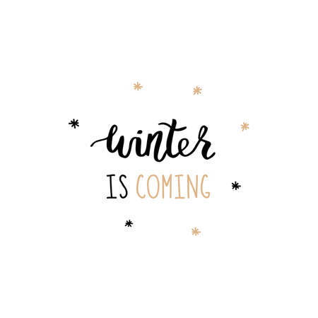 Vector black and beige brown hand lettering Winter is coming with snow isolated on white background.のイラスト素材