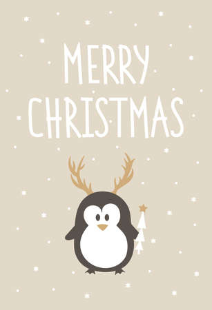 Vector cute Christmas card with white hand lettering Merry Christmas and hand drawn grey brown Penguin with horns and christmas tree isolated on beige background.のイラスト素材