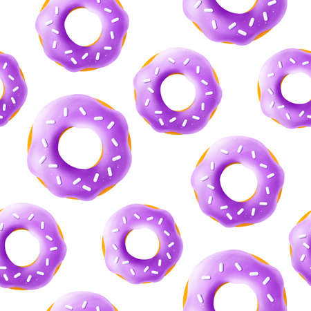 Seamless Pattern of realistic 3d render violet, purple donuts. Vector illustration isolated on black background.のイラスト素材