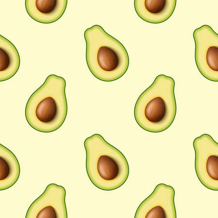 Seamless pattern of realistic green avocado for healthy eating. 3d render. Sliced avocado in half...