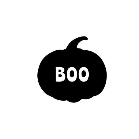 Boo white text on black pumpkin. Happy Halloween print, emblem, banner, calligraphy poster, greeting card, party invitation. Vector illustration isolated on white background.のイラスト素材