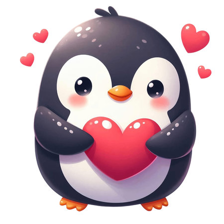 Vector Hand drawn illustration character cute cartoon penguin with pink heart for Valentine day Watercolor style, clipart isolated on white backgroud with clipping path.のイラスト素材