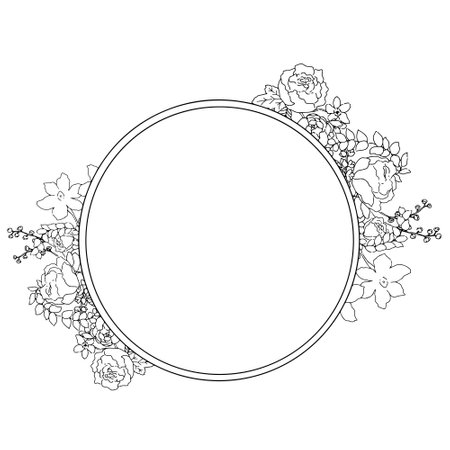 Round frame decorated with hand-painted rose illustrationsのイラスト素材