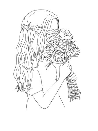 Sketch of a beautiful girl with a bouquet of flowersの写真素材