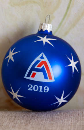Christmas tree toy-a blue ball with the logo of the NTC named after A. Lyulka of JSC "NPO" Saturn ".のeditorial素材
