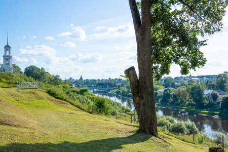 Park "Love and Fidelity". Historically restored park, in the style of the 19th century, on the high bank of the Tvertsa River. Torzhok, Tver region, Russia.の写真素材